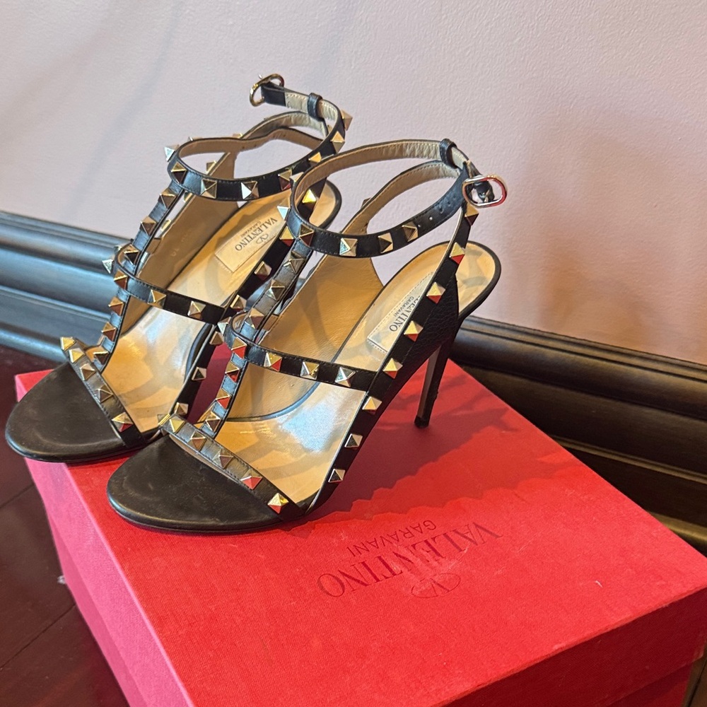 Valentino Black and Gold Studded Heels